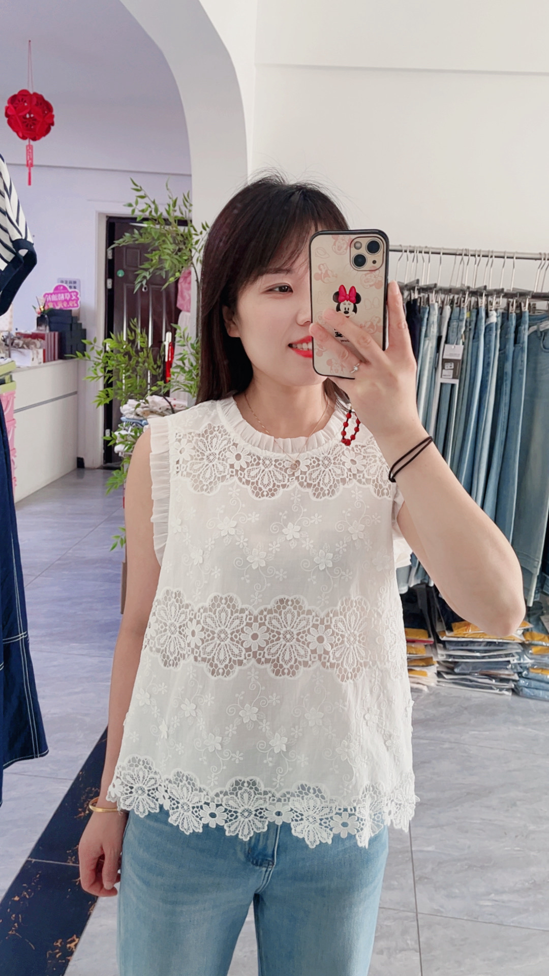 精美镂空蕾丝立体花朵刺绣宽松无袖夏季女士上衣