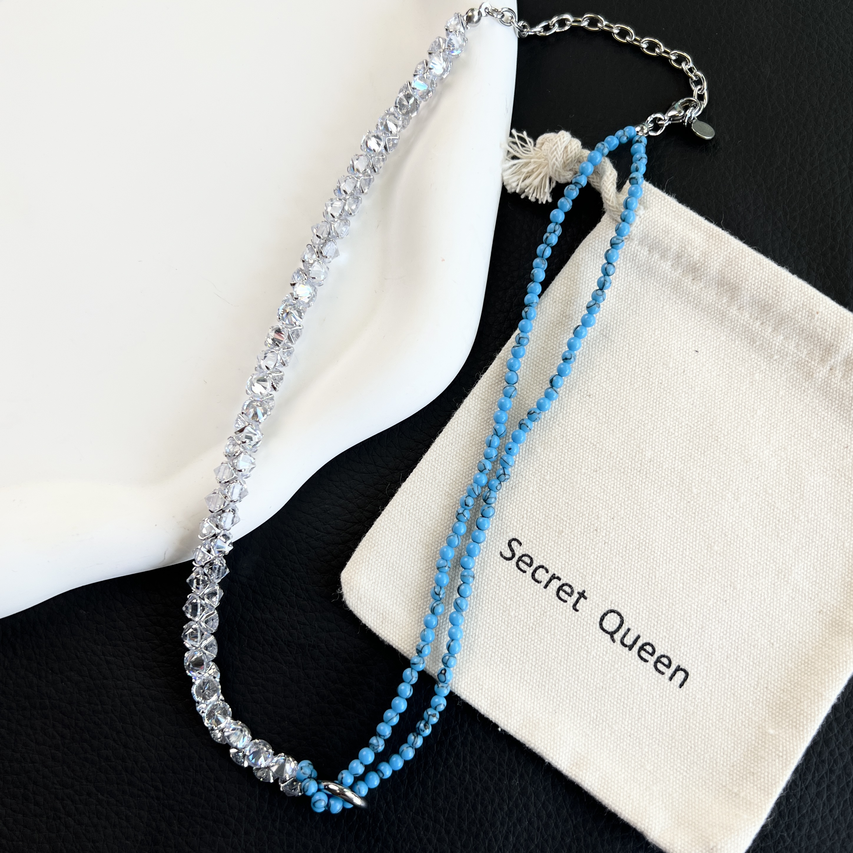 铜合金项链 小众设计蓝色纹理小石满锆不对称项链F130