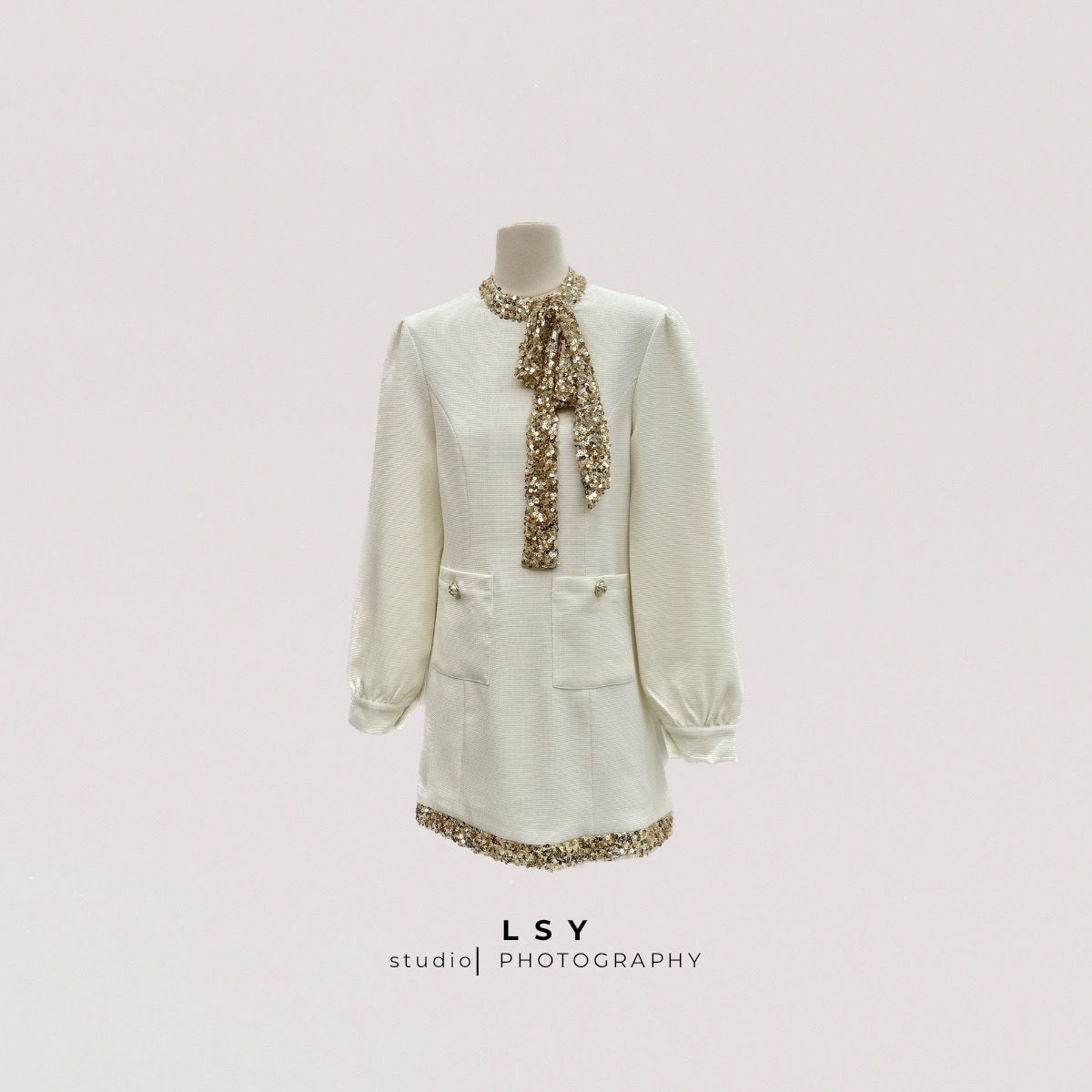 2025秋冬新款韩版设计撞色片蝴蝶结优雅连衣裙圣诞亮片气质短裙子