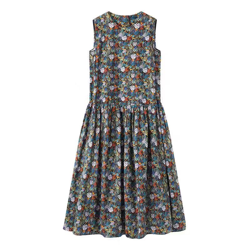 【烟雨花漾】新款简约宽松无袖圆领碎花设计感A字连衣裙.Y8920