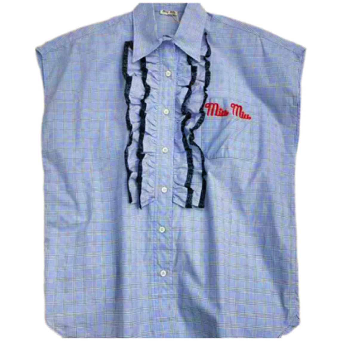 95新 MIU MIU/缪缪 蝴蝶结缺失 SS22 Logo荷叶边衬衫 38码 H0331