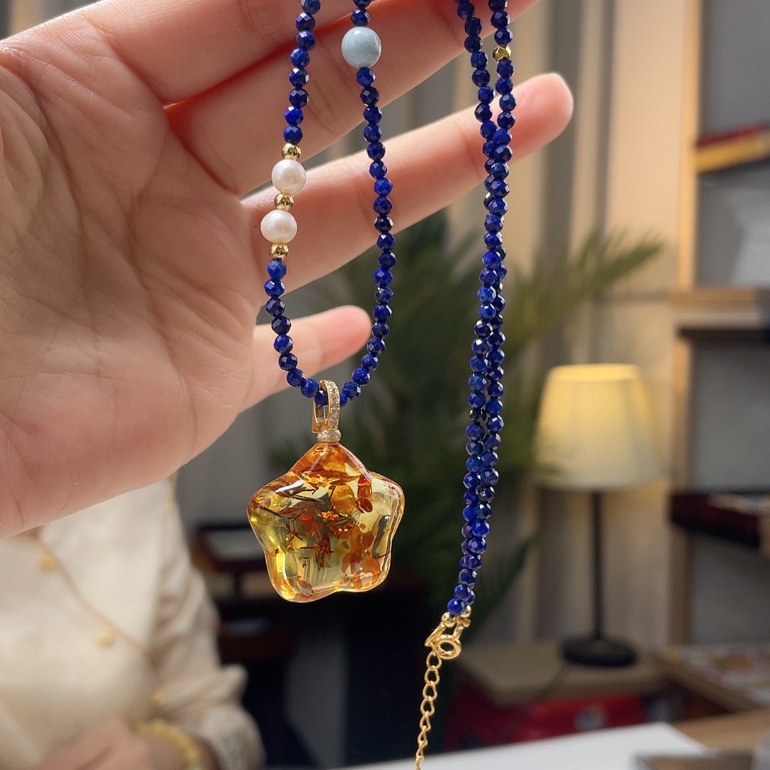 琥珀裸石银S925镀金镶嵌琥珀吊坠