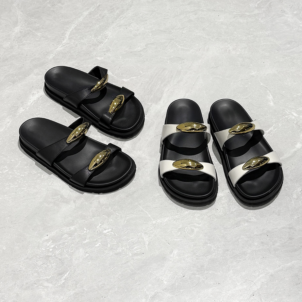 【余欢欢】夏季新款外穿漏趾金属扣羊皮一字拖鞋-YHX50054