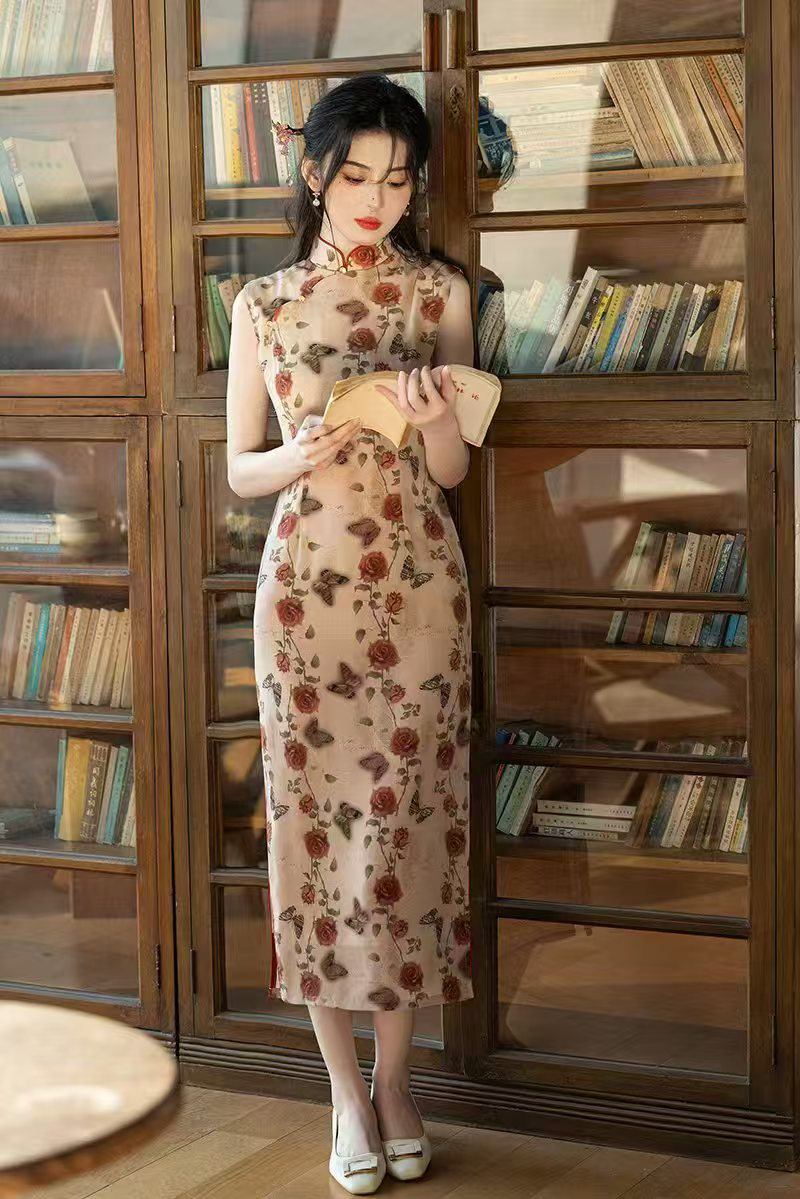 （繁花似锦）日常旗袍显瘦无袖碎花一字扣常规袖新中式网红爆款