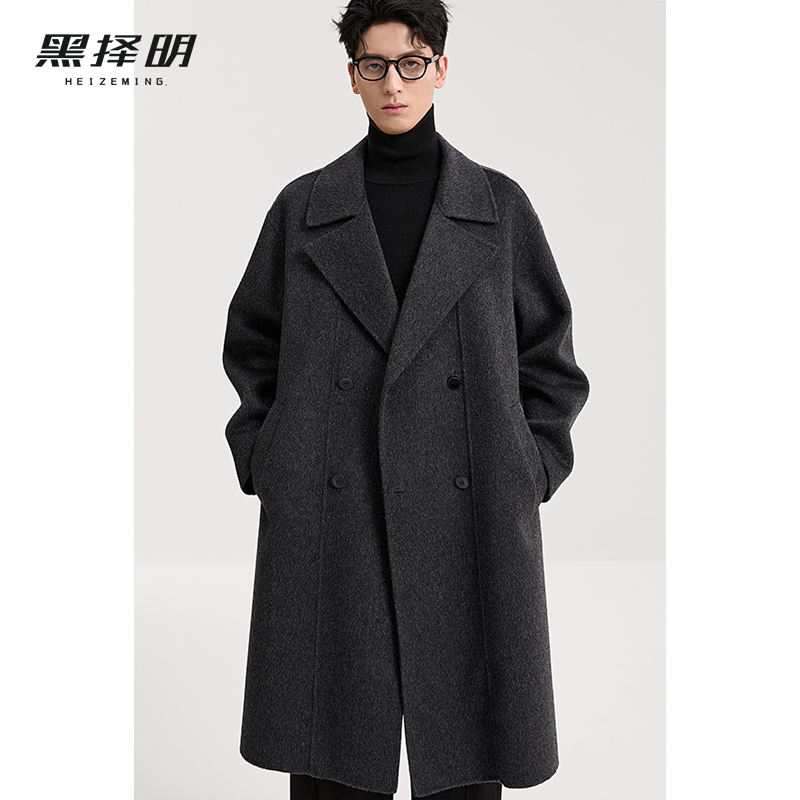 黑择明男士100%绵羊毛双面呢大衣新款中长款双排扣呢子外套95391