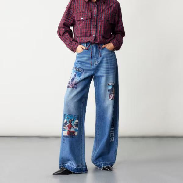 TUOGU/拓谷春秋高腰直筒休闲复古宽松印花绣花C50760