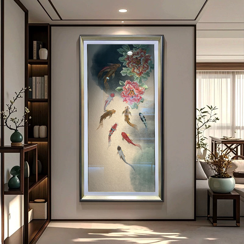 织锦绣牡丹九鱼图装饰画高档新中式苏绣入户过道挂画刺绣聚财锦绣