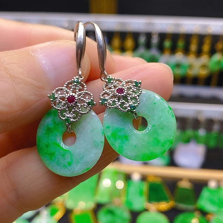 翡翠耳饰银S925镶嵌耳坠