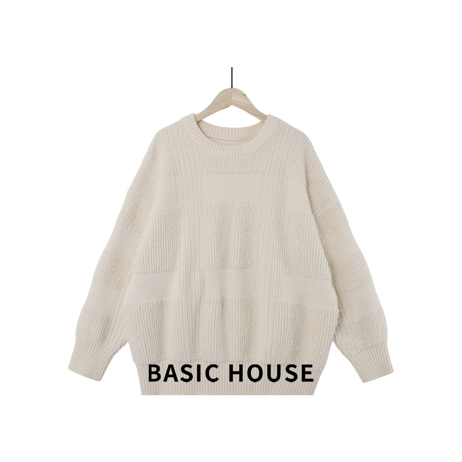 Basic House/百家好显瘦百搭棋盘格浮雕秋冬套头毛衣B1385B50Z62