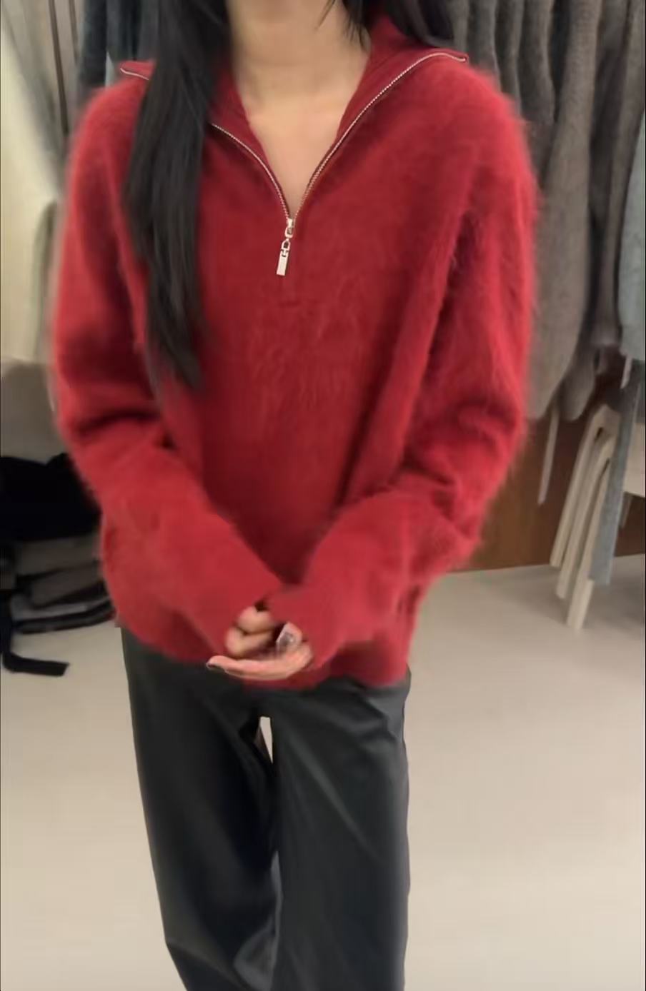 T1068 勃艮第红 韩系秋冬新款氛围感红色羊毛针织毛衣女