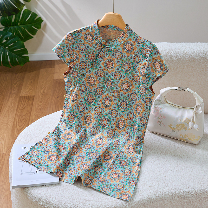 【欢余】夏新款奥黛新中式时尚国风斜襟时尚提花女装遮肉显瘦