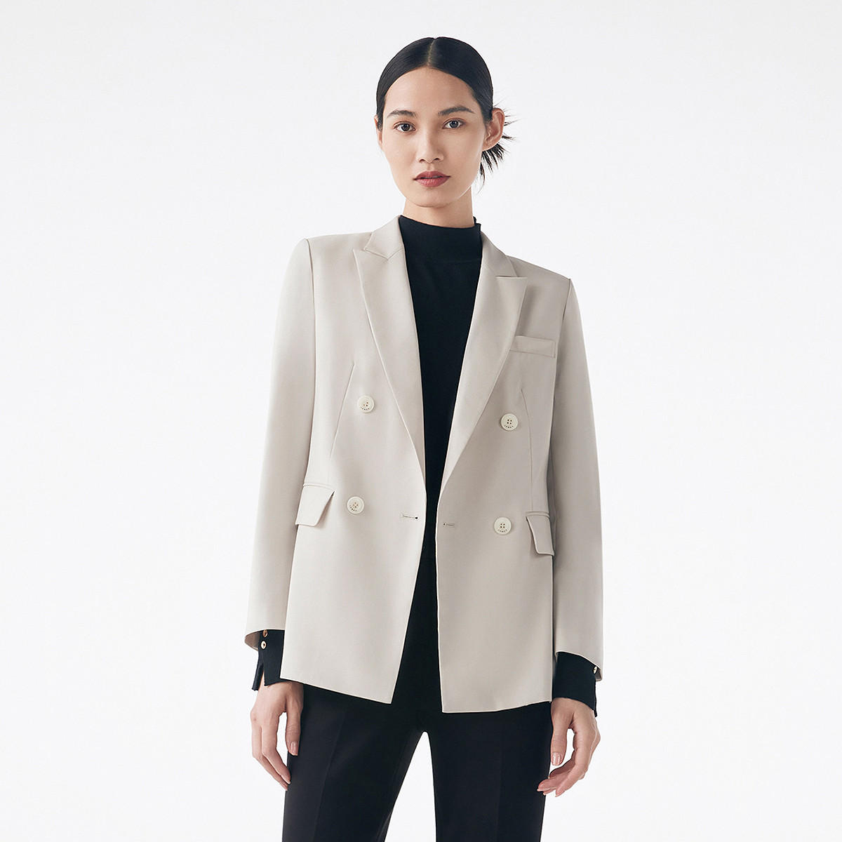 LANCY/朗姿【专柜同款】春秋款中长款西装外套女双排扣商务简约