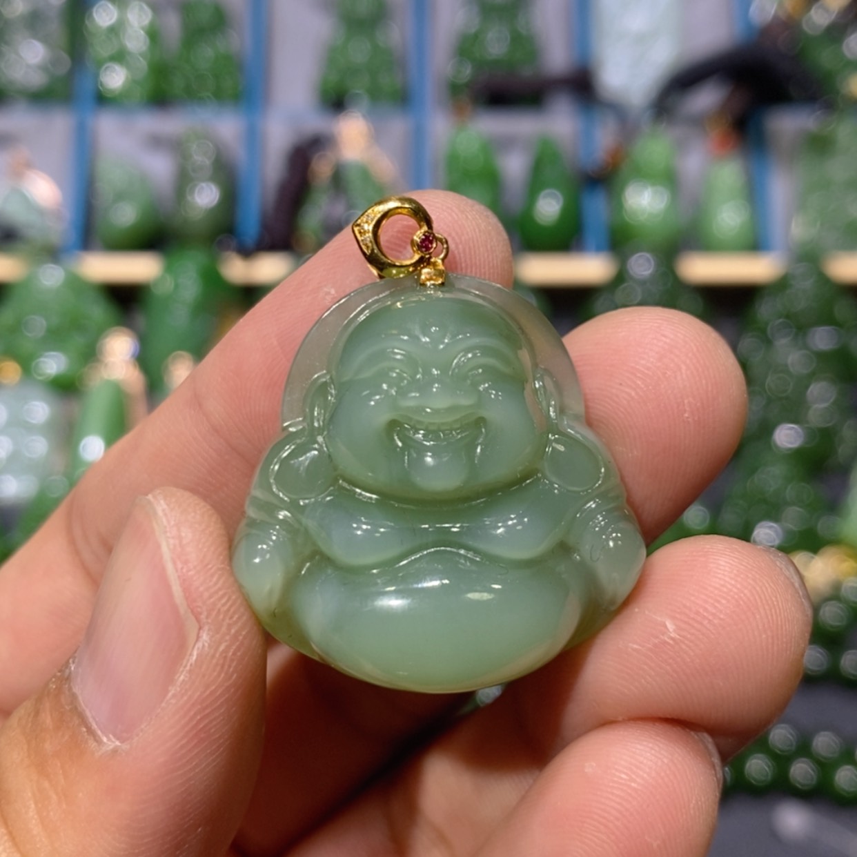 【闪购商品】和田玉吊坠(不含链)18K金镶嵌粉青佛公 30/11