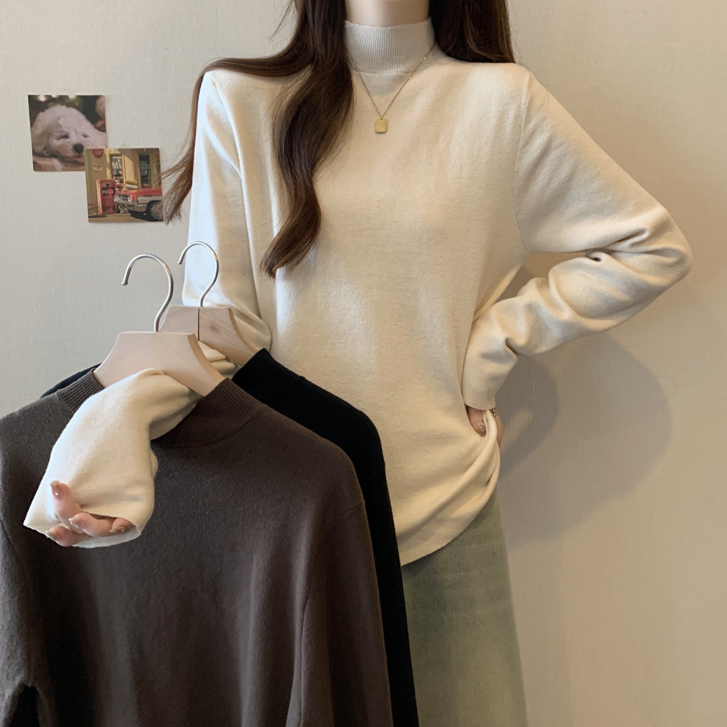 0735 大码女装秋冬新款纯色百搭针织衫胖mm简约毛衣打底衫 
