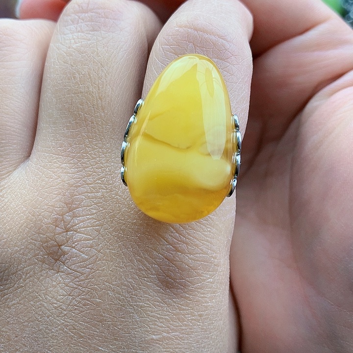 琥珀裸石银S925镶嵌戒指