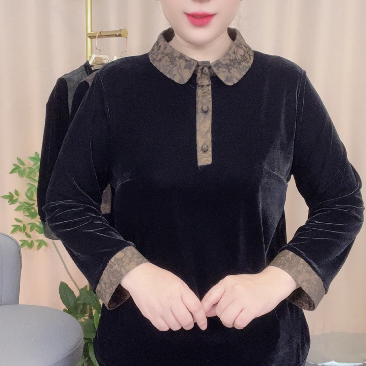 JR3136新款翻领丝绒大码宽松中老年女装上衣（衬衫领）