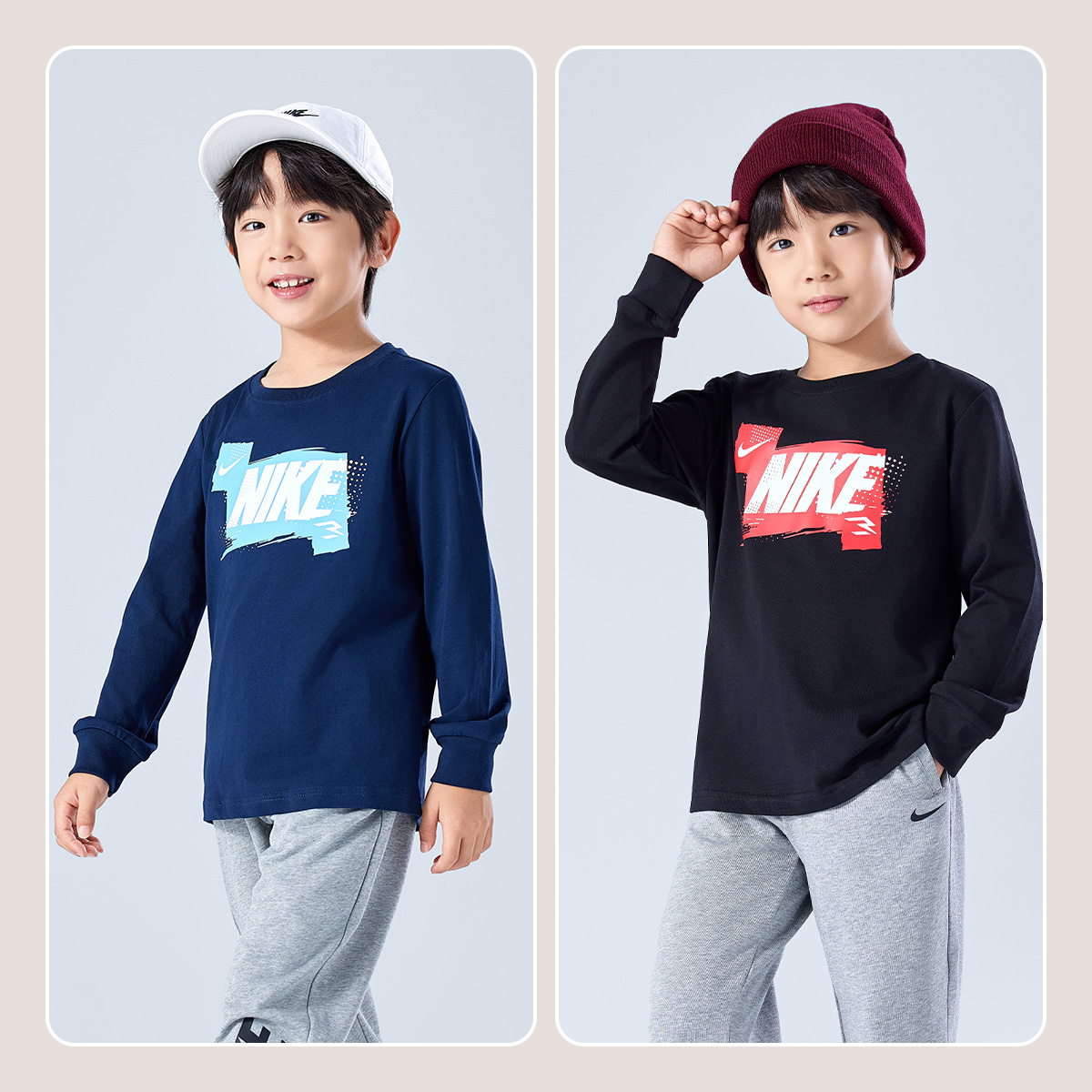 Nike 3brand耐克舒适休闲儿童秋冬款套头印花圆领长袖T恤上衣1737