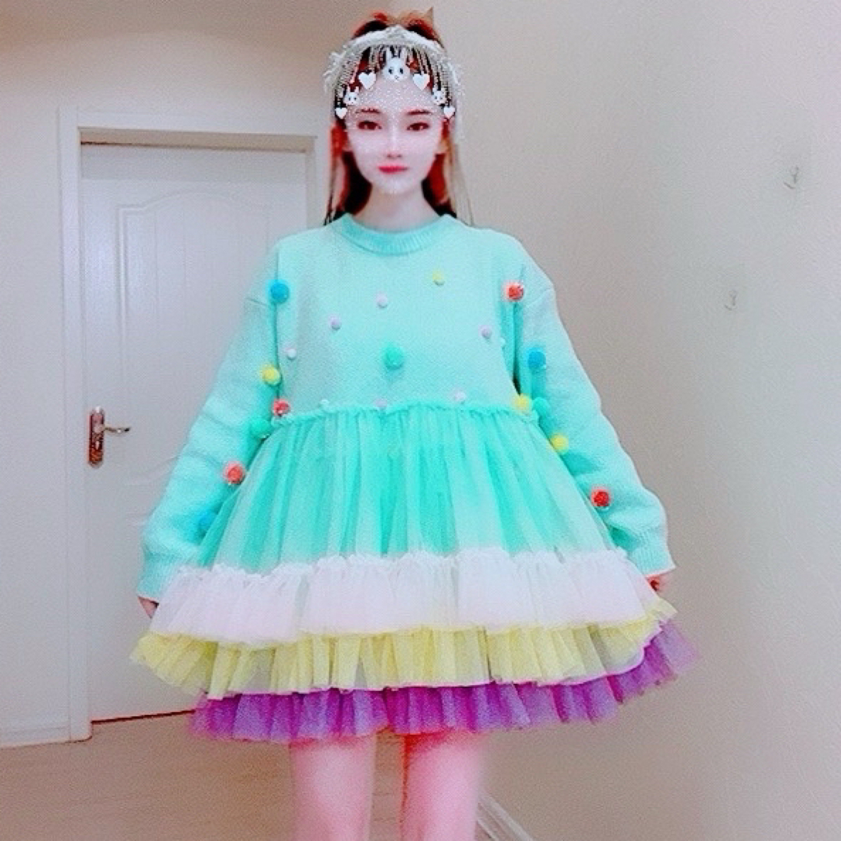 【面条家】5358#高品质秋冬彩色毛球针织蓬蓬连衣裙
