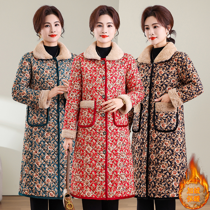 时尚保暖长款大码冬装复古加绒加厚妈妈棉衣中年妈妈装居家棉服