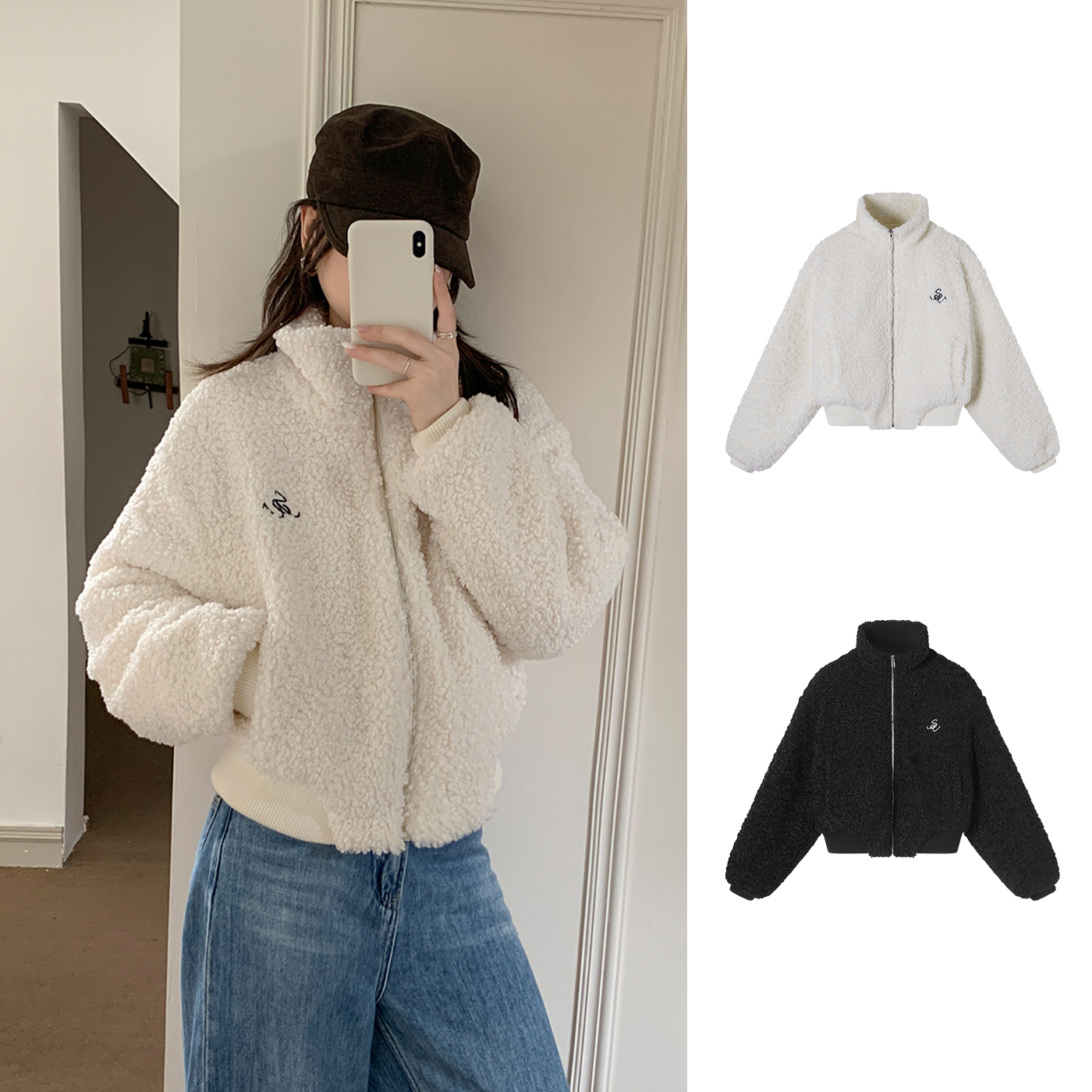 Manman #1429自制摇粒绒韩系拉链外套女高领早秋加厚间棉上衣