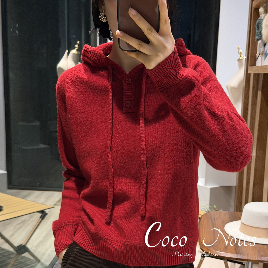COCO NOTES YY26091全羊毛连帽宽松减龄内搭针织上衣羊毛衫