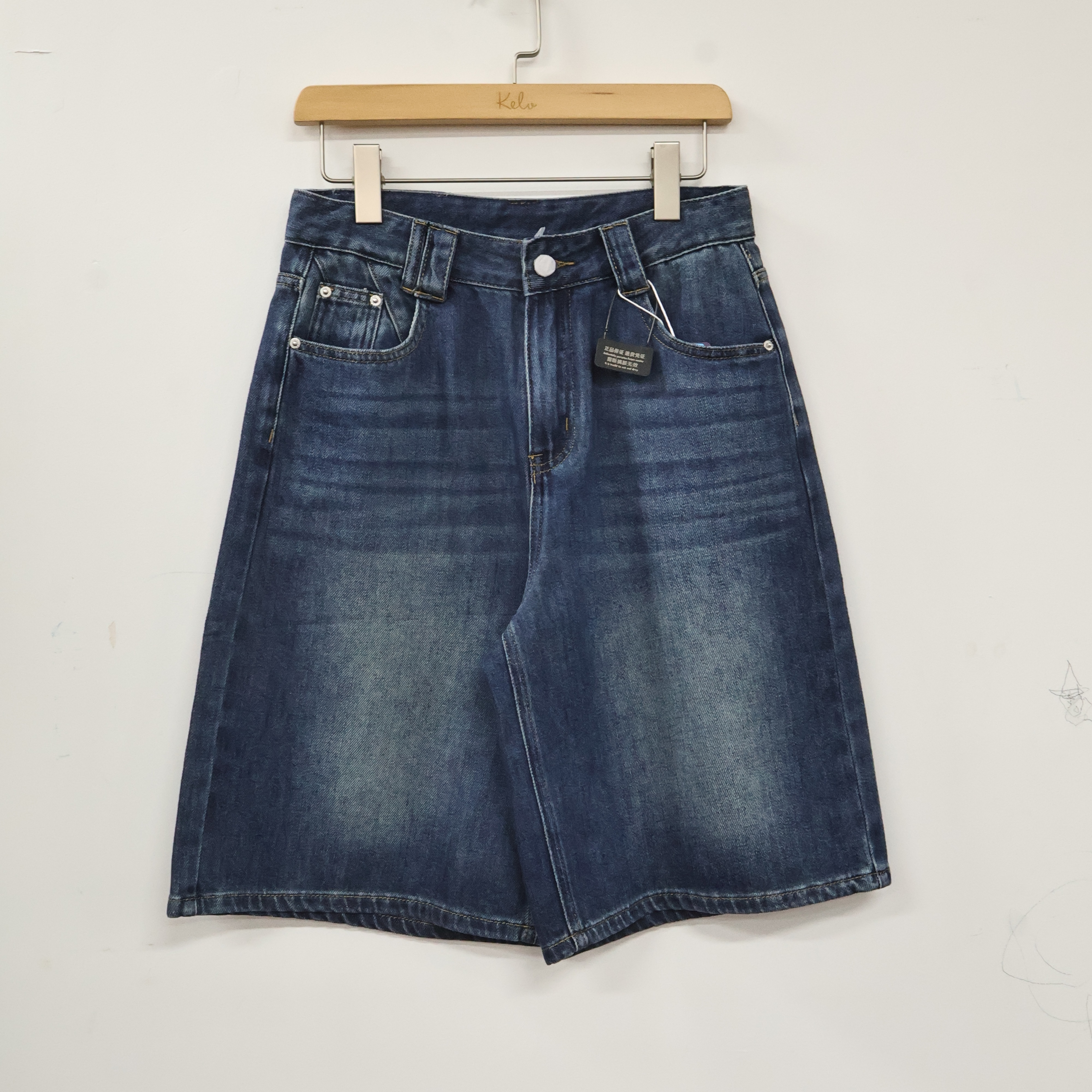 夏季蓝色显瘦宽松复古港风牛仔中裤