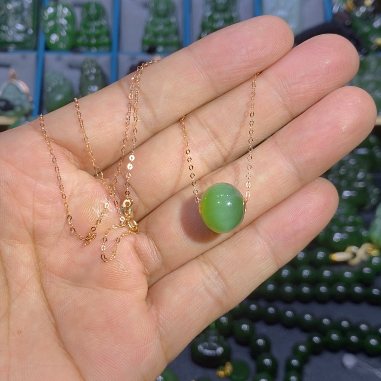 【闪购商品】和田玉套链18K金镶嵌冰猫眼路路通 12