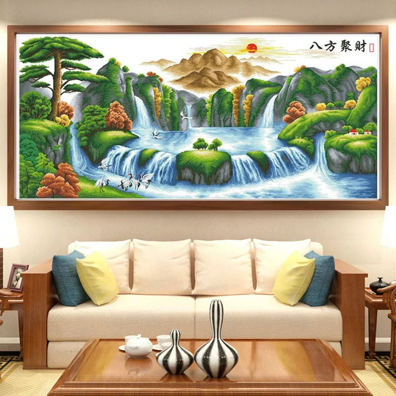 2.1中格纯手工绣好的十字绣成品八方聚财装饰画