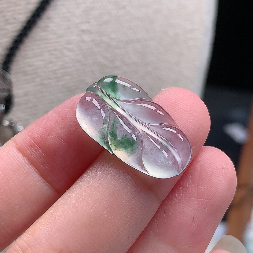 缅甸天然翡翠A货玉石高冰飘花叶子镶嵌件吊坠23.3*13.6*3.9mm