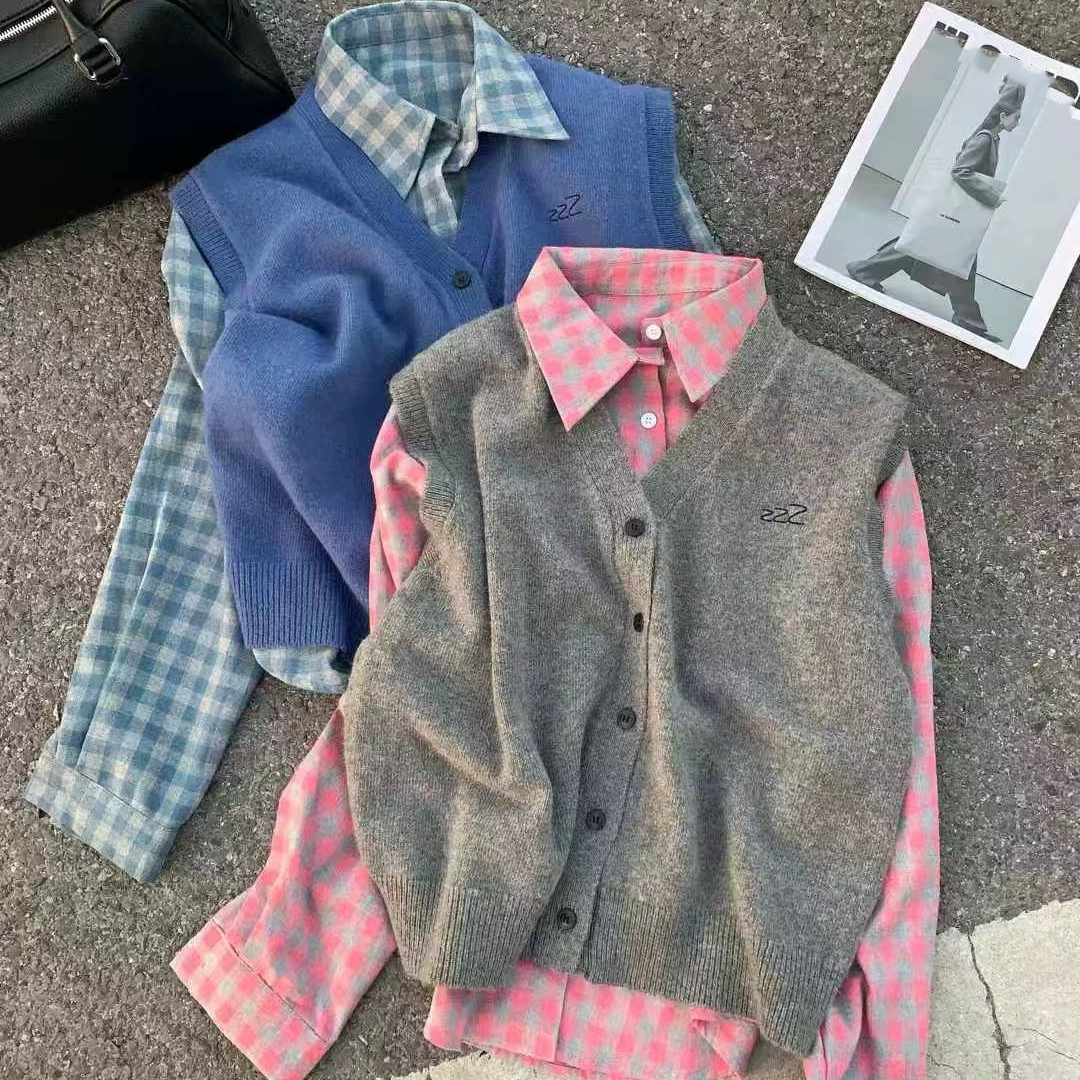 米莱Jiaer/韩版时尚百搭显瘦休闲针织马甲＋格子衬衣两件套72893