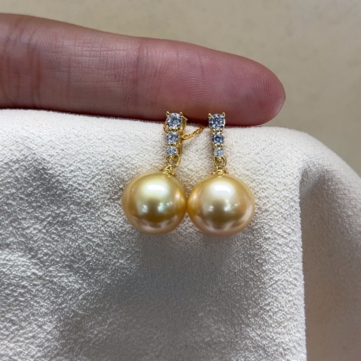 银S925镶嵌耳饰海水珍珠金珠10-11m 53号