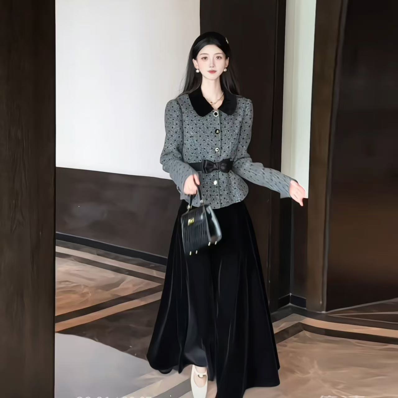 拉夏贝尔/25年秋冬新气质收腰显瘦小香风长袖上衣+半裙 10690 LQJ