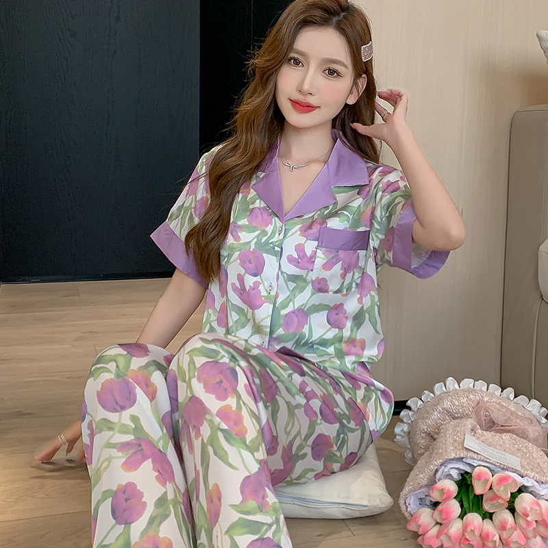 郁金香睡衣女夏季短袖长裤套装女士冰丝稠夏天家居服套装可外穿薄