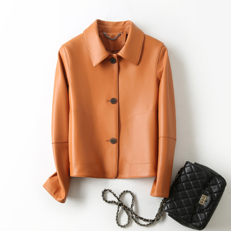 戚薇同款皮衣真皮绵羊皮外套女橘色上衣短款2025年新款秋冬皮夹克