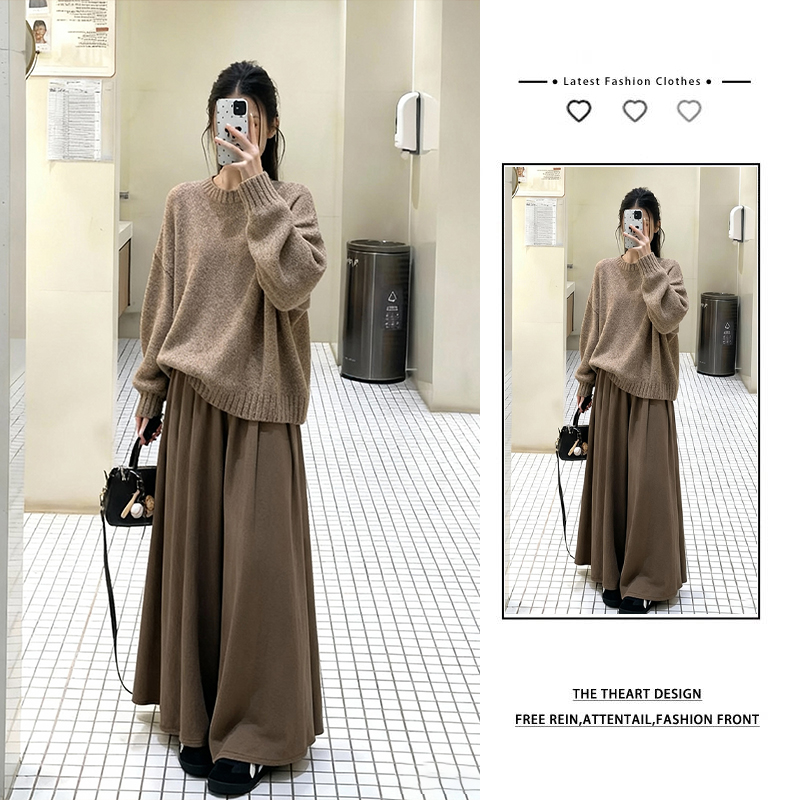 秋冬穿搭一整套女2025新款复古圆领针织毛衣搭宽松阔腿裙裤两件套