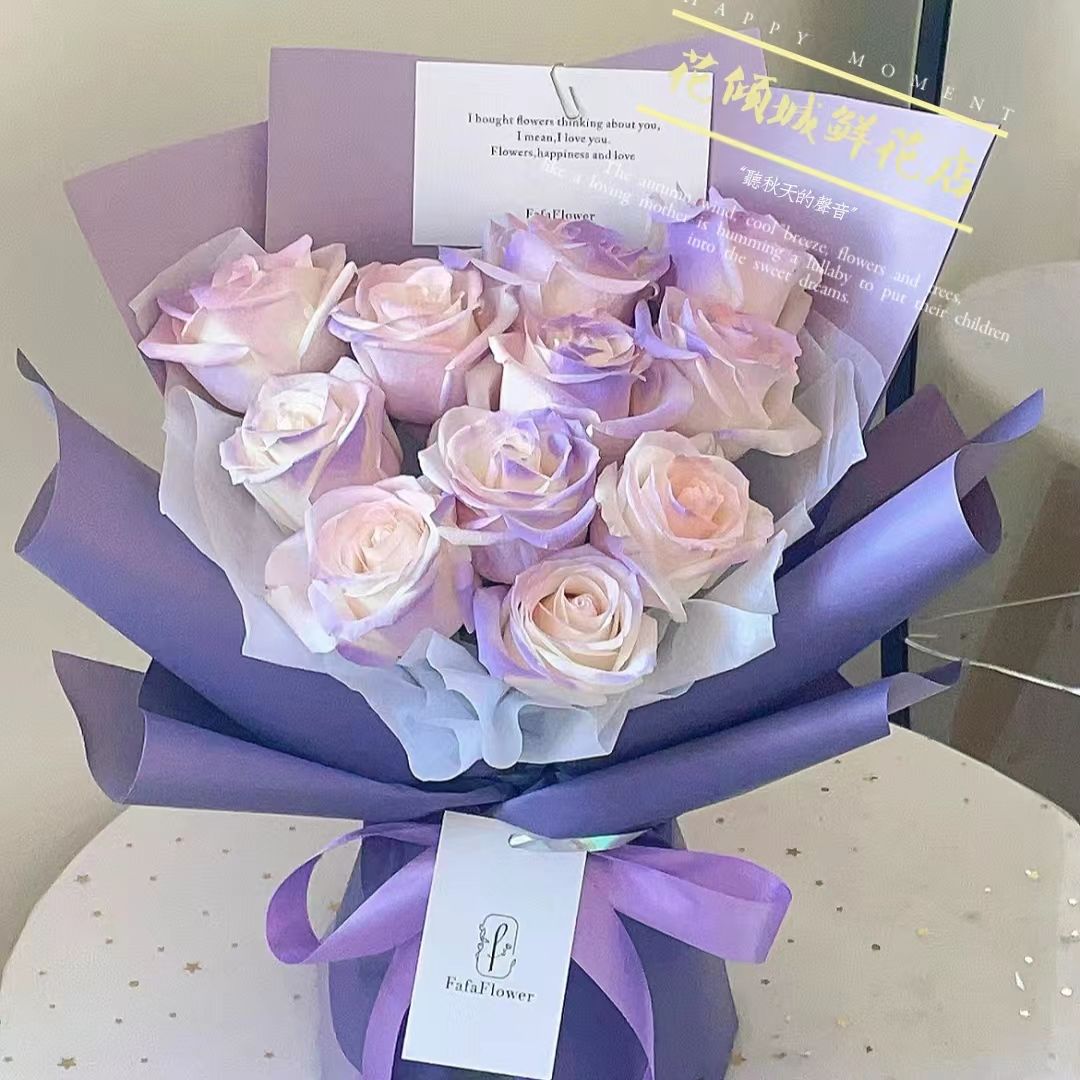 【一辈子的命】11朵白玫瑰喷漆花束如图制作、生日礼物、结婚纪念、花店送花上门