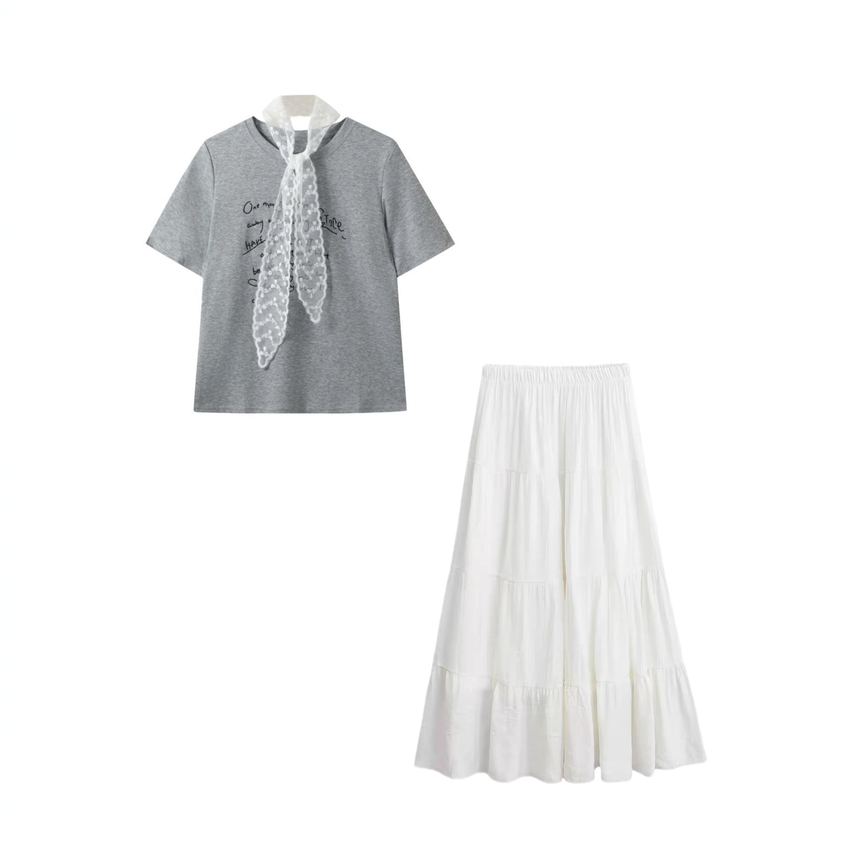 【海豚专属】韩系配蕾丝字母简约短袖T恤+桃花皱蛋糕裙