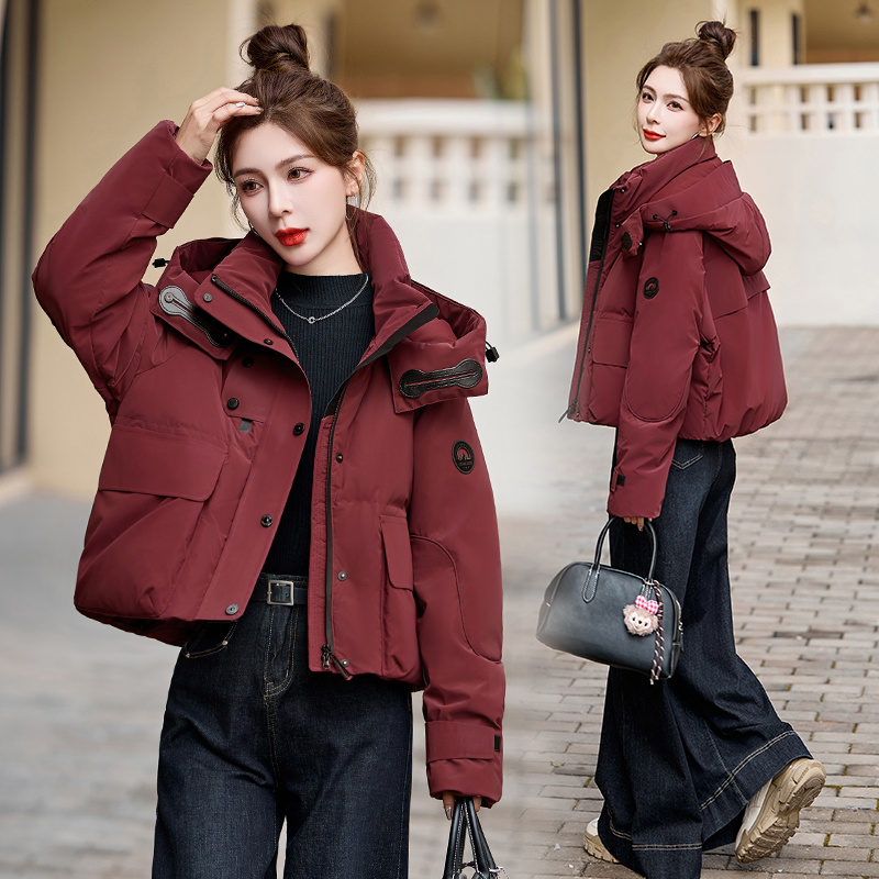 短款派克羽绒服女冬季新款小个子休闲工装安哥拉红冲锋衣加厚外套
