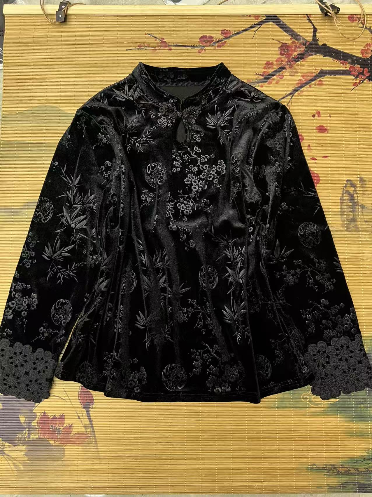 新中式国风盘扣压花打底衫女装立领长袖T气质加绒加厚上衣1017