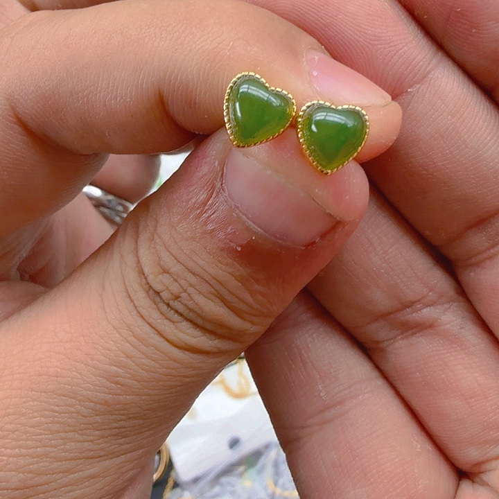 和田玉（碧玉）耳饰银S925镀金镶嵌