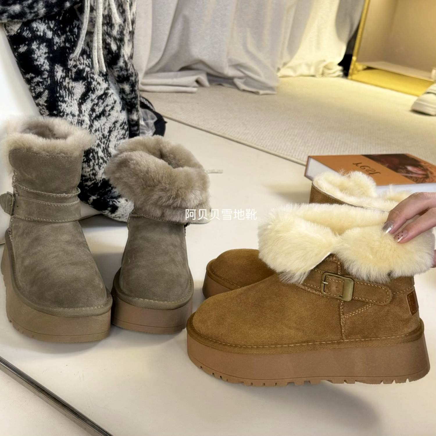 【阿贝贝]皮羊毛一体雪地靴女翻领保暖百搭厚底加厚保暖短筒大棉鞋
