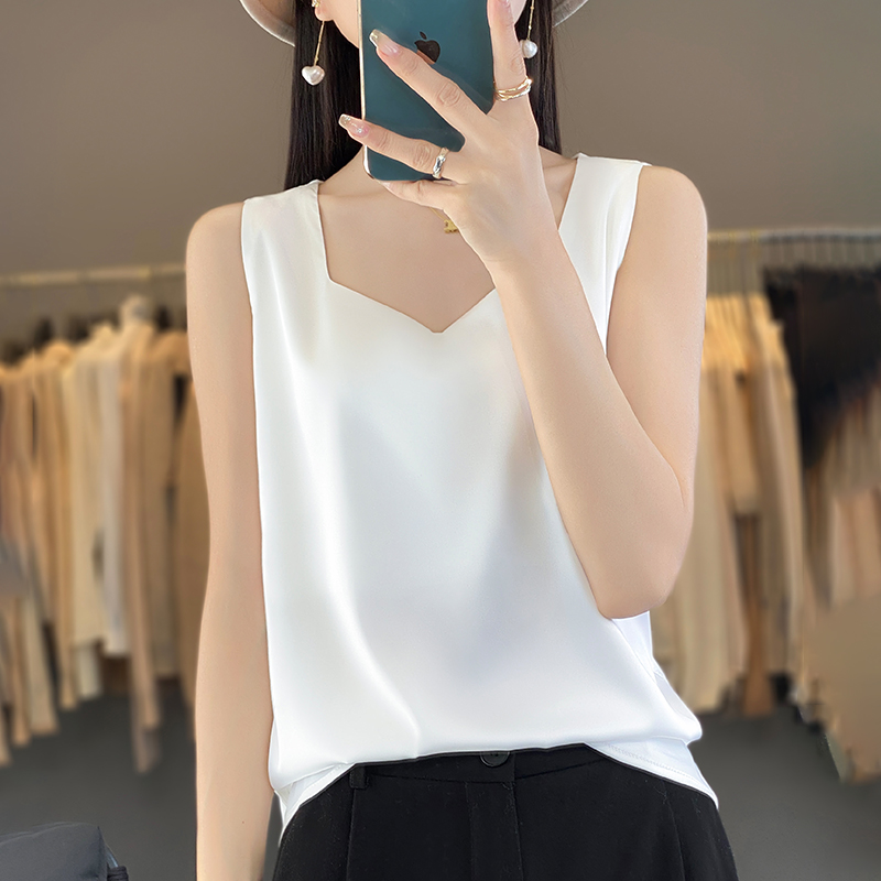 洋气宽肩吊带背心女醋酸缎面V领无袖打底衫上衣西装内搭t恤D03