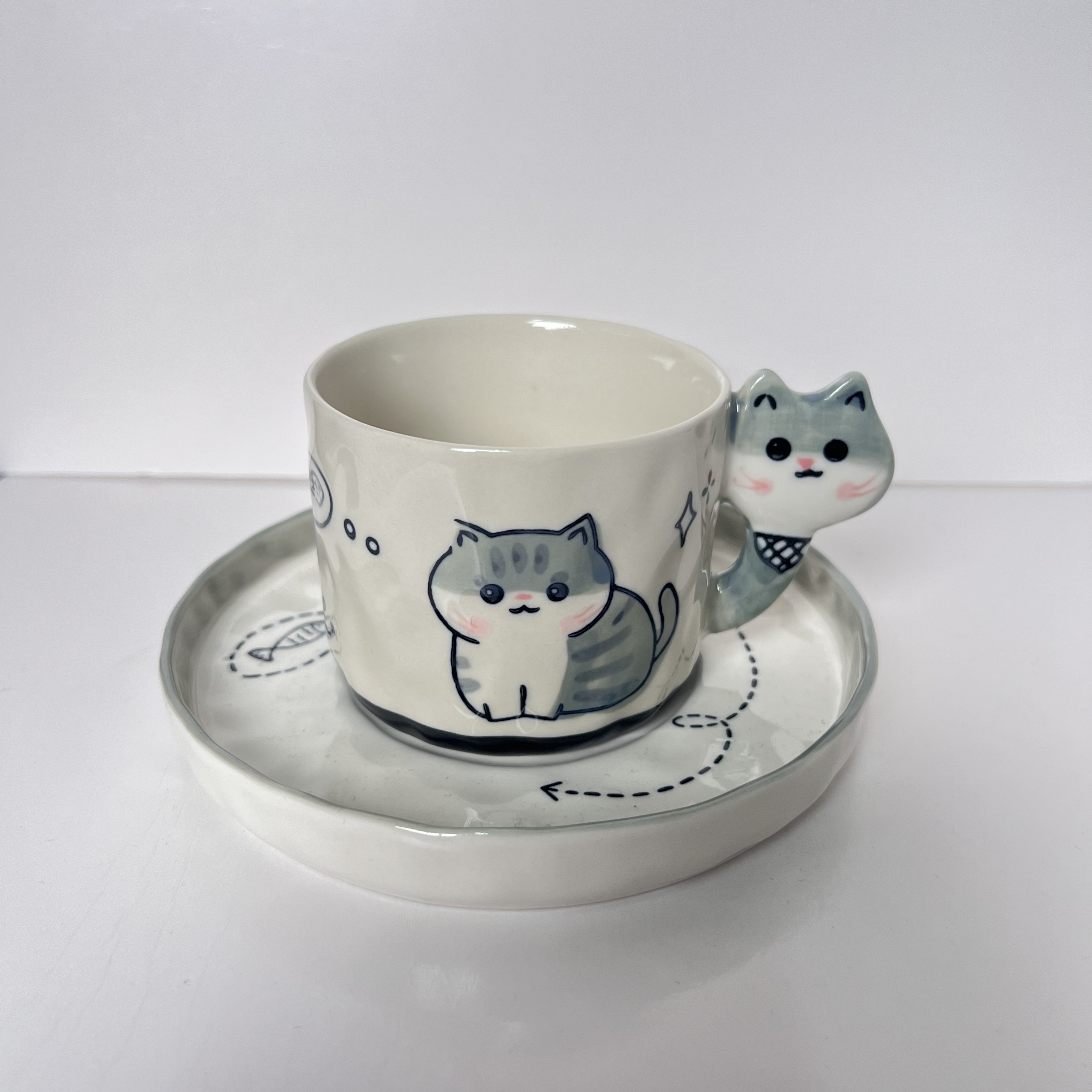 【出口原单】猫咪爱吃鱼-灰色咖啡杯碟
