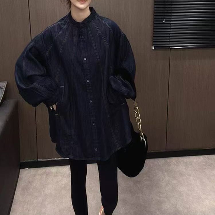 大码时尚立领短外套上衣牛仔单排扣长袖中长款秋季韩版