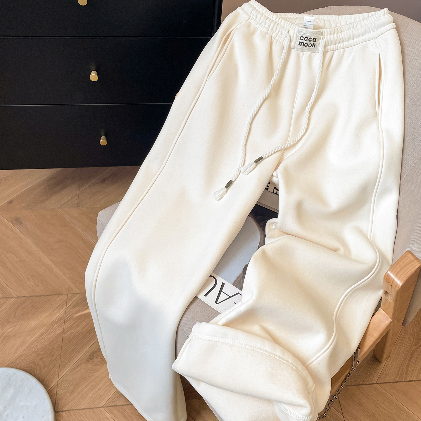 小C家 抽绳加绒卫裤女2025新款秋冬加厚宽松直筒阔腿裤松紧腰裤子