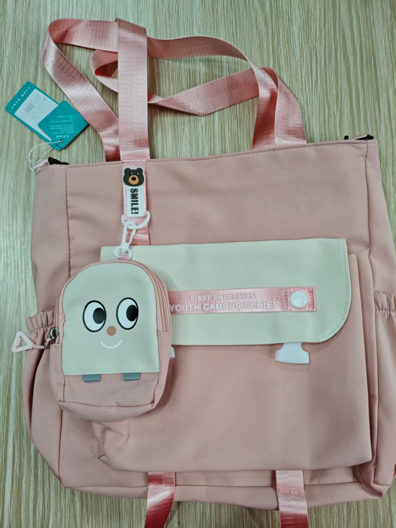 轻便托特包笑脸学院拉链尼龙单肩包肩包ins单根