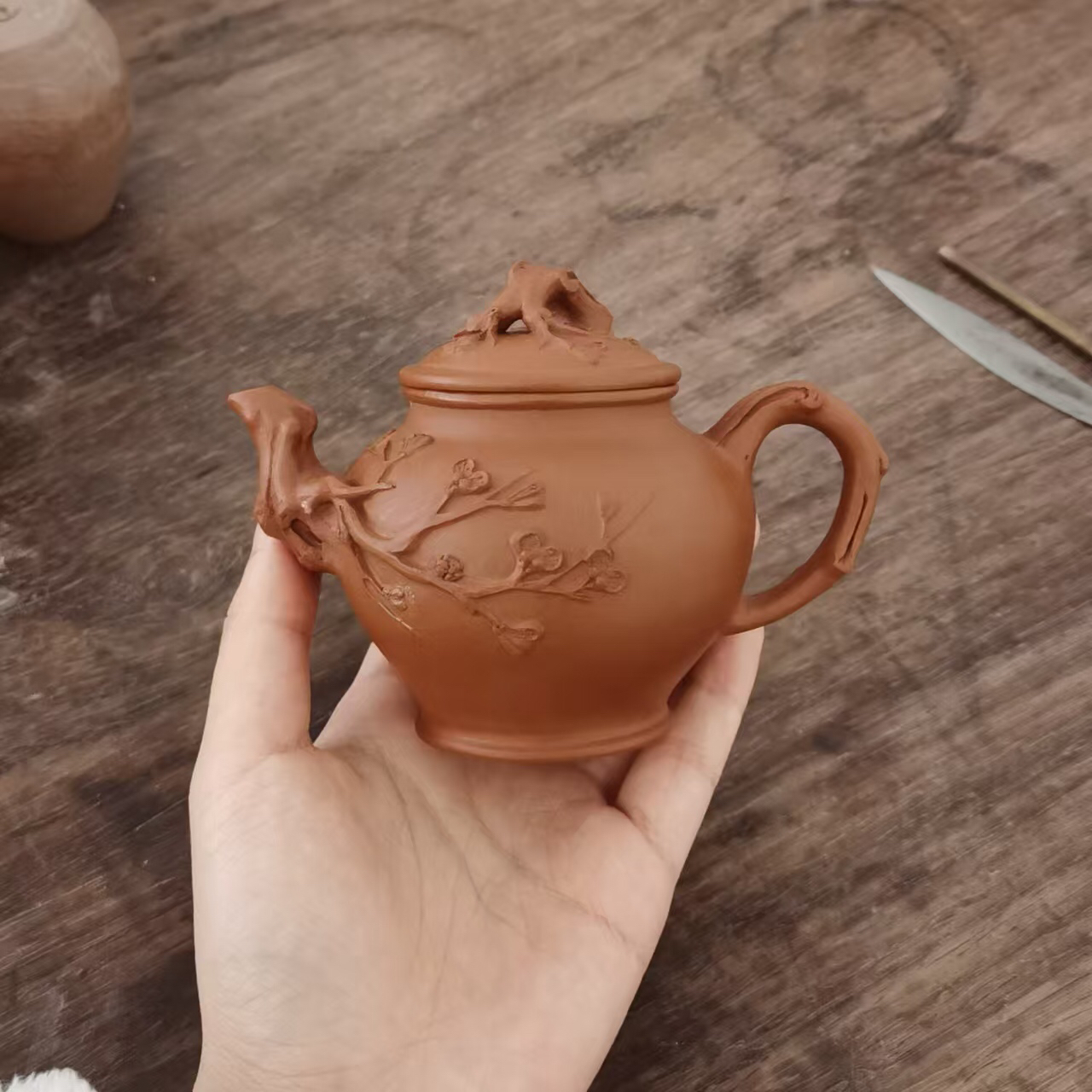 非遗紫砂 老红泥朱泥 全手工 梅报春