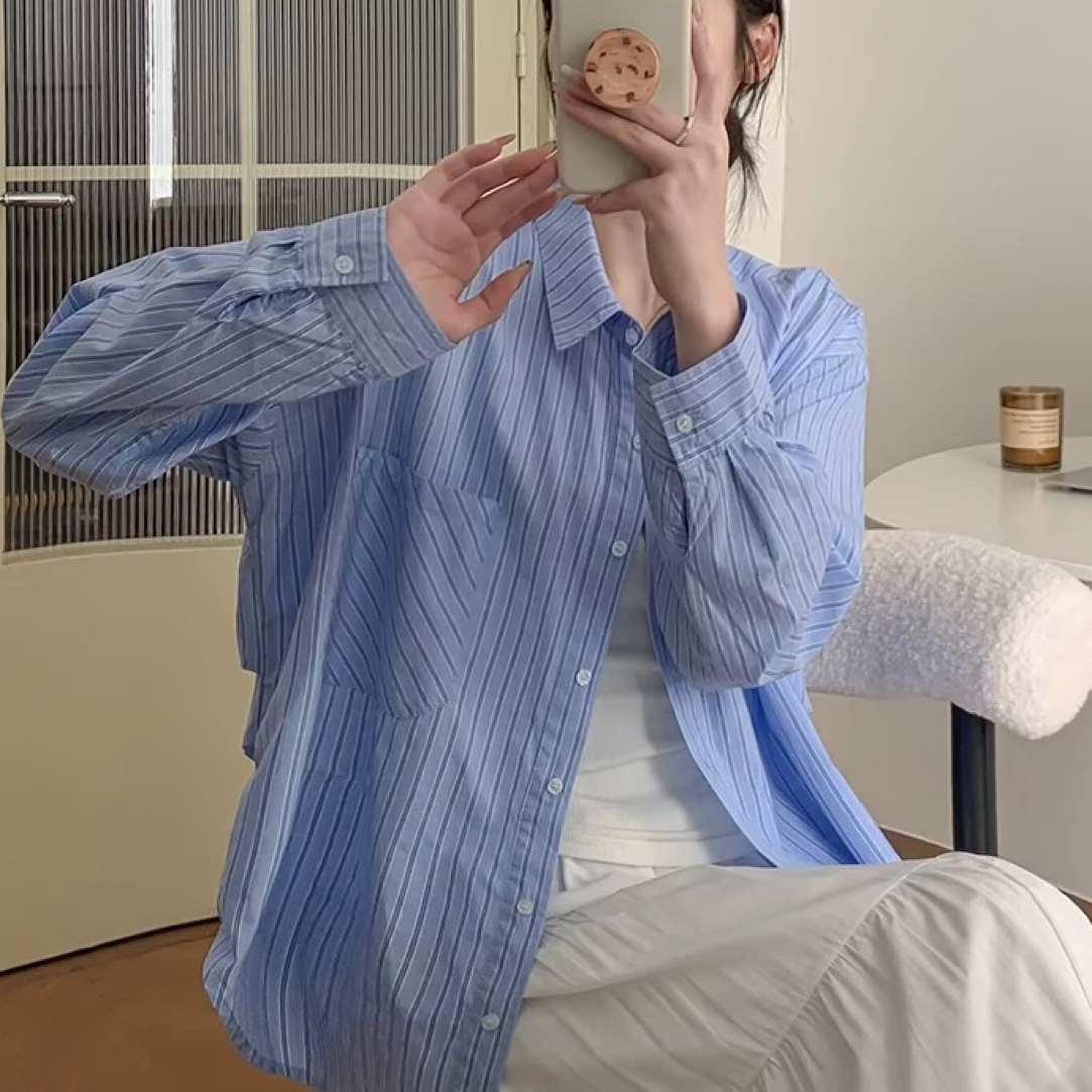 新款条纹翻领长袖衬衫女士直筒休闲上衣外穿百搭