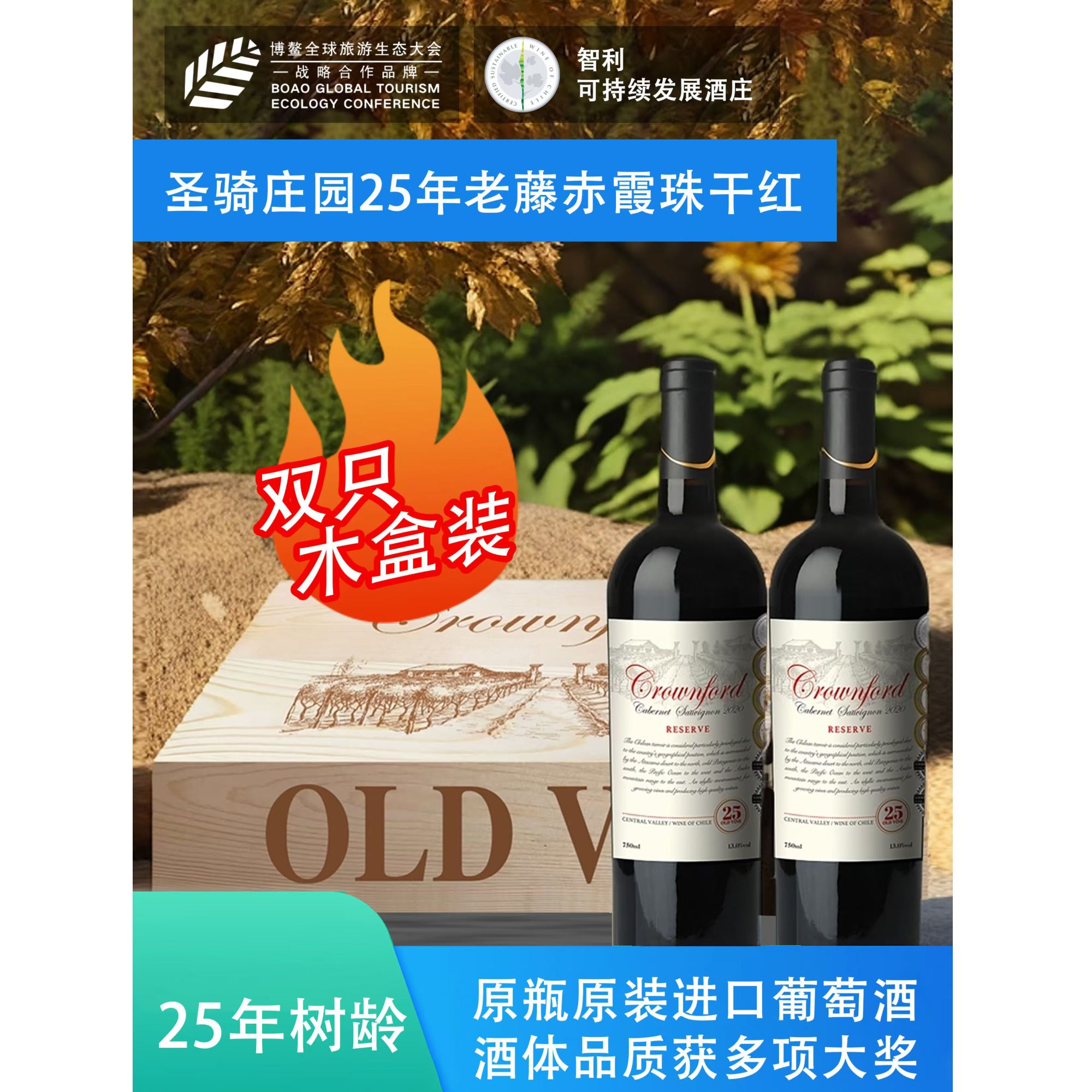 【原瓶原装进口】智利圣骑庄园25年老藤赤霞珠干红葡萄酒750ml*2瓶