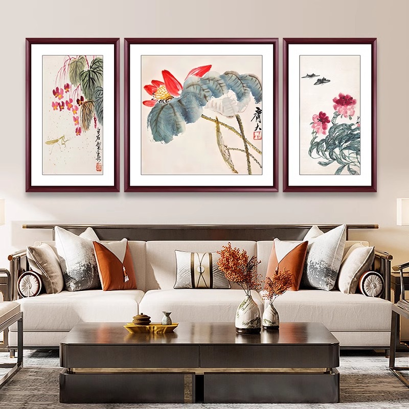 荷花柿子牡丹花挂画花鸟水墨画中式客厅沙发背景墙装饰画三联壁画